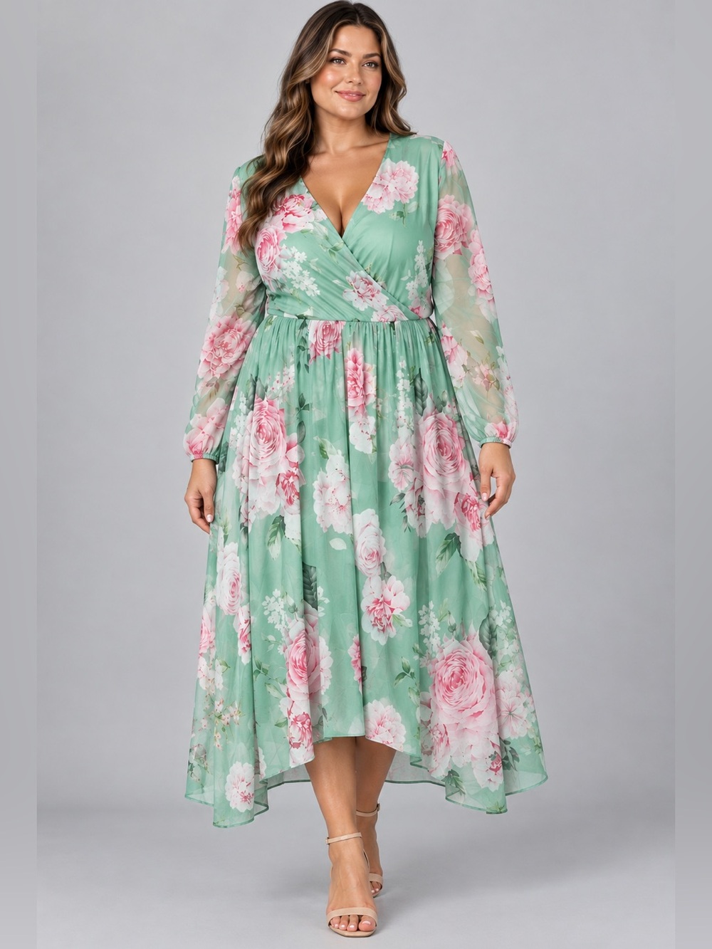 NWT Mint Pink Floral Mesh Faux Wrap Maxi
Dress 3XL